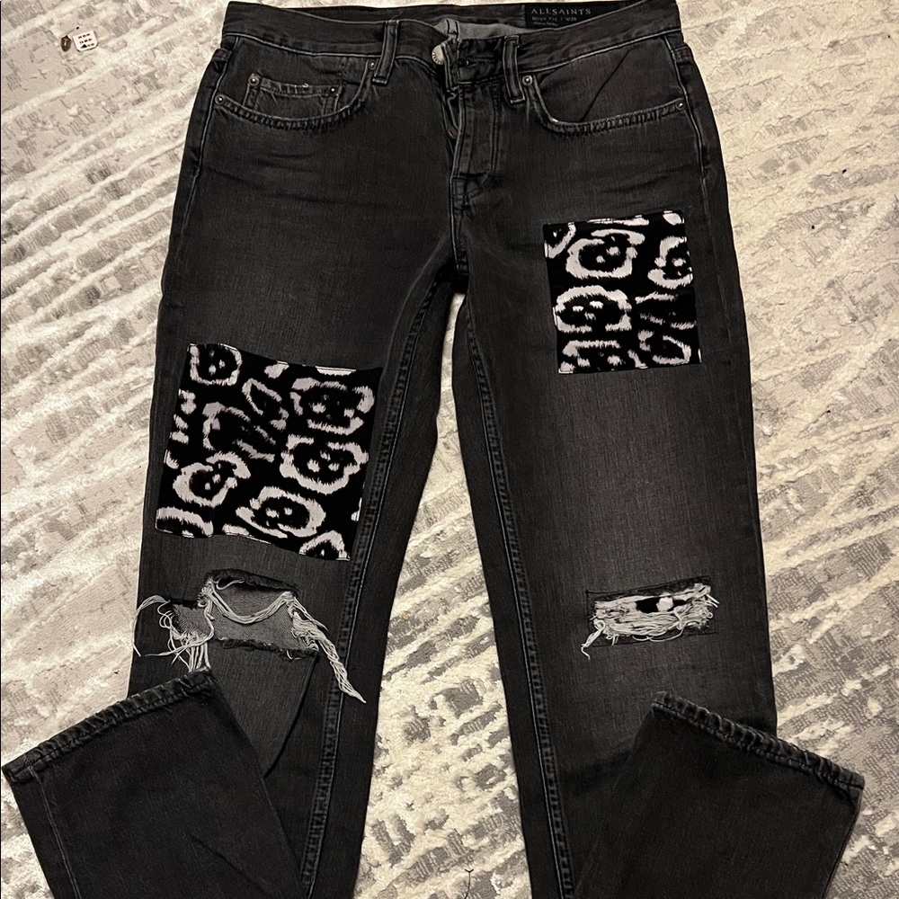All Saints Black Jeans with Distressed and Patterned Details